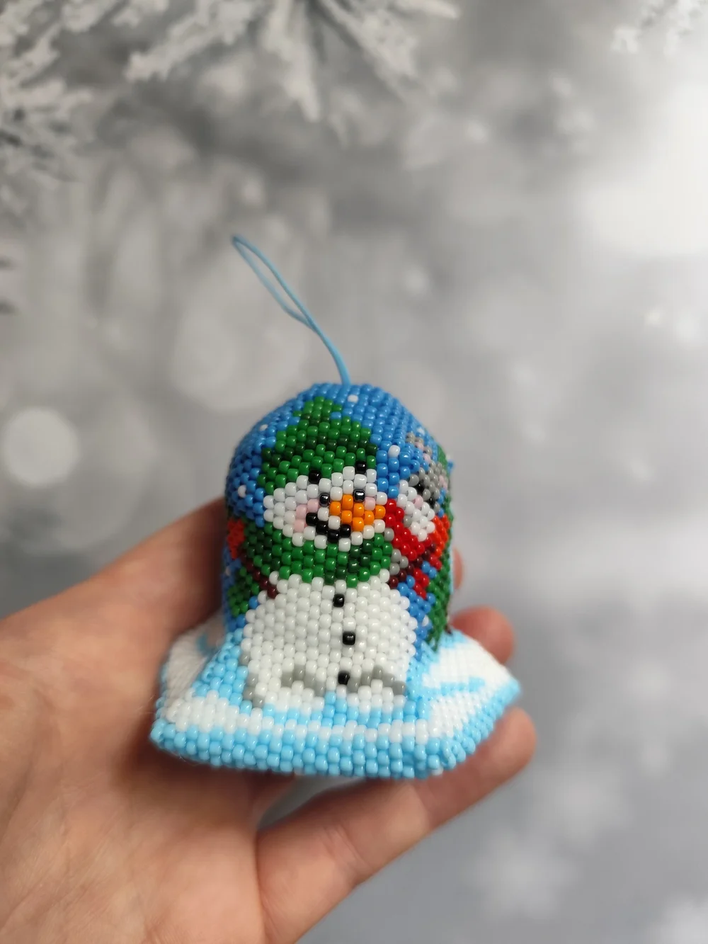 Handmade Blue Beaded Snowman Holiday Ornament